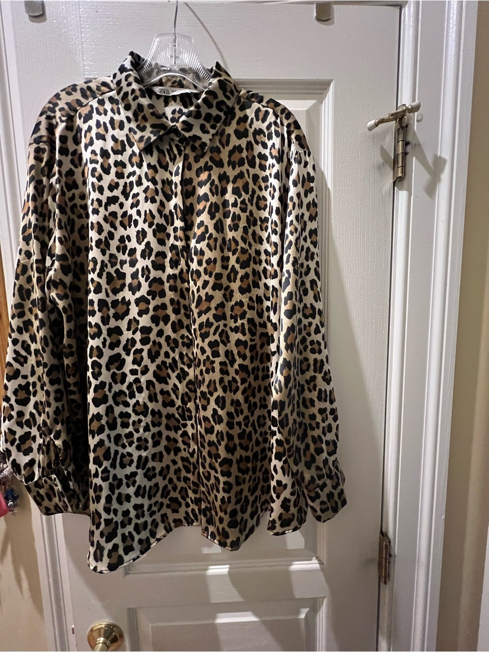 Leopard print, polyester satin Zara blouse, size XL